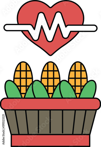 A heart is surrounded by three ears of corn