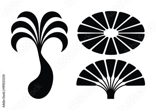 Black Abstract Stylized Floral and Fan Shapes on White Background