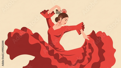 Cartoon vector illustration of a young man and woman in a wedding dress dancing as a romantic couple with a red heart