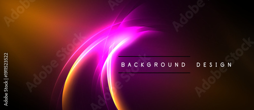 Abstract vibrant design features flowing curves, gradients. Colors range from orange, pink, purple against dark backdrop. Text reads background design.