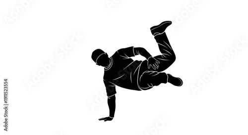 Dynamic Breakdance Silhouette: A captivating black silhouette of a breakdancer performing a gravity-defying move, capturing the essence of urban energy and athletic artistry.