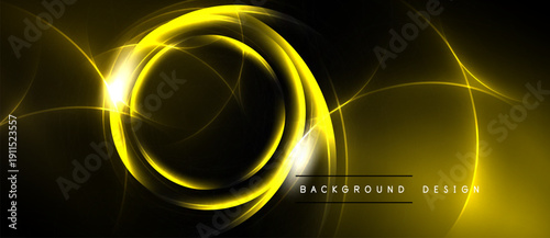Abstract golden lines form concentric circles. Dark background creates dramatic visual effect. Modern design element.