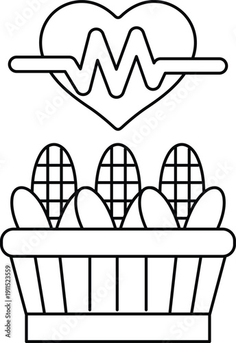 A heart is surrounded by three ears of corn