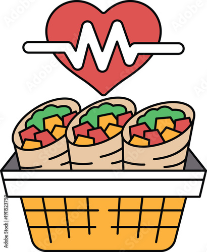 Three burritos in a basket with a heart on top