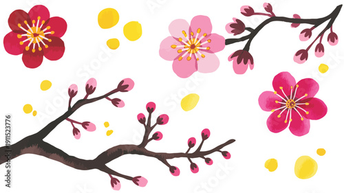 Delicate pink and red plum blossoms dark branches with yellow accents flower
