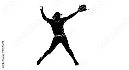 Dynamic Pitcher Silhouette: Capturing the power and focus of a softball pitcher in mid-throw, a sleek silhouette against a dynamic background, showcasing athletic prowess and sporting excellence.
