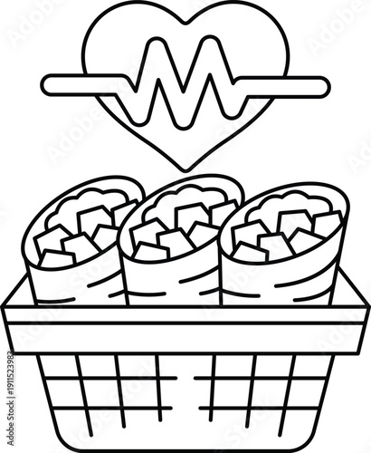 Three burritos in a basket with a heart on top