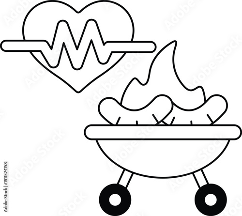 A heart is shown next to a grill with hot dogs on it