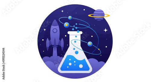 Conical flask in space with planets and rocket ship illustration in purple and blue hues