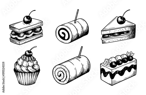 Hand drawn black and white of assorted desserts including cakes cupcakes and swiss rolls