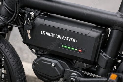Lithium ion battery mounted on electric bicycle frame with charge indicators showing modern transportation power technology