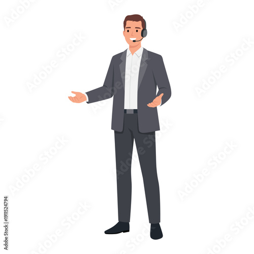 Professional male customer service representative wearing a headset and speaking with open hands. Flat vector illustration isolated on white background