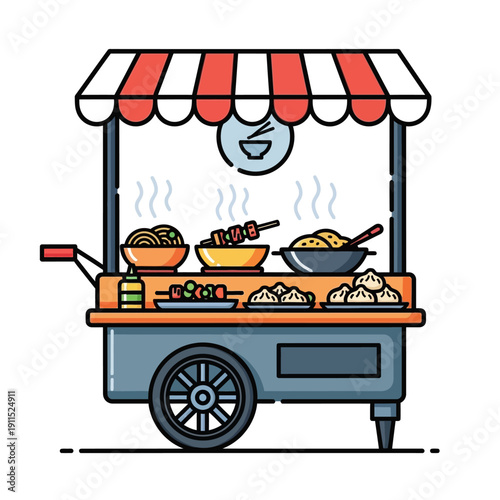 Food Cart with Various Dishes and Utensils.