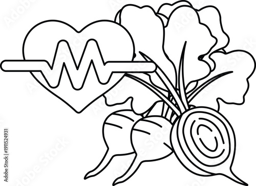 A heart is shown next to a bunch of vegetables, including radishes and beets