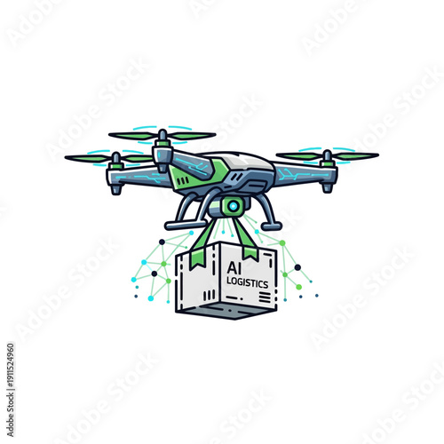 Drone Delivering Package with AI Logistics Label.