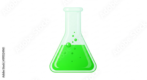 Green liquid in a laboratory flask with bubbles rising