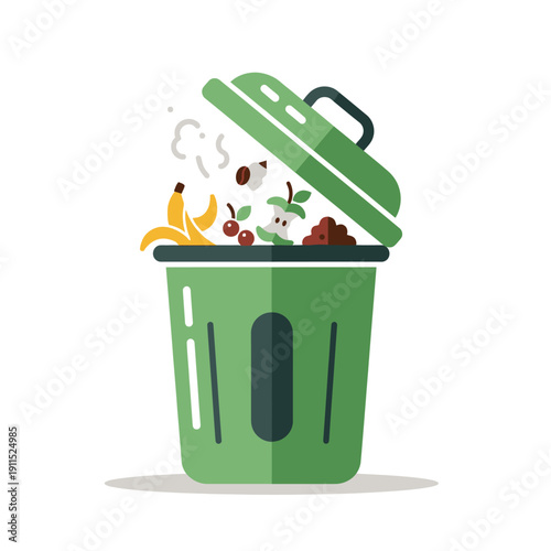 Green Trash Can with Organic Waste.