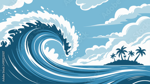 Large ocean wave crashing near tropical island with palm trees under cloudy sky water