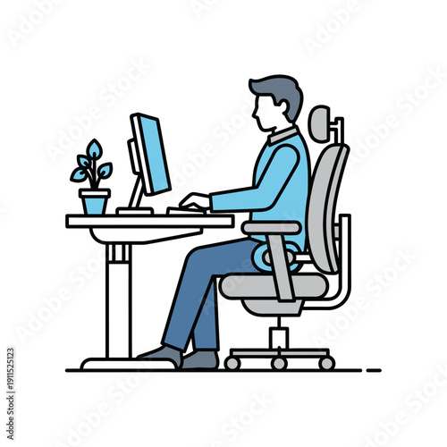 Man Sitting Office Chair Working Computer.