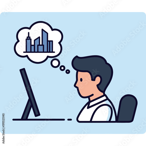 Man Thinking About Cityscape at Desk.