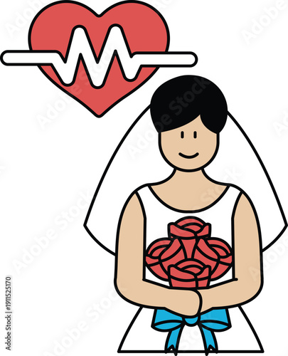 A bride is holding a bouquet of roses and wearing a white dress