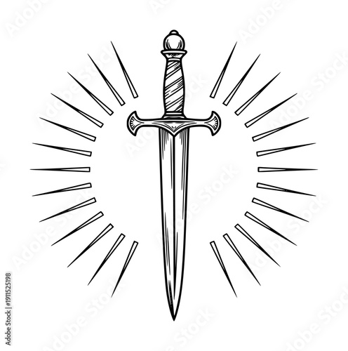 Ornate Medieval Sword with Radiant Sunburst Rays Symbol of Power and Victory ancient