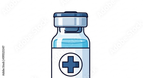 Medical vial with blue cross symbol and liquid medicine on white background healthcare and vaccination concept illustration