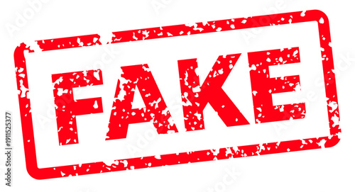 Red rubber stamp with Fake text in grunge style, distressed stamp sticker in bold vector typography isolated on transparent background for fraud warnings, false information, media content, and graphic
