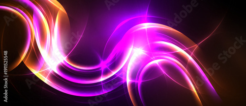 Abstract energy flows, vibrant purple, orange hues. Dynamic curves create luminous patterns against dark background.