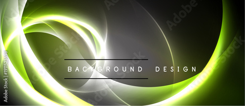 Abstract design features swirling neon green lines over dark gray backdrop. Text reads background design centrally positioned. Modern, vibrant aesthetic.