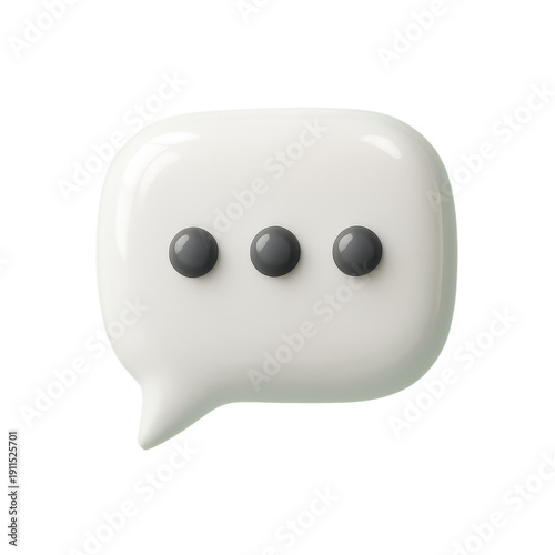 Glossy white 3D speech bubble icon with three dark grey dots indicating typing.
