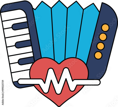 A black and white drawing of a heart with a keyboard and a tambourine