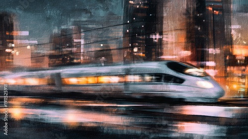 High-speed train streaks through illuminated city streets a vibrant watercolor illustration of motion