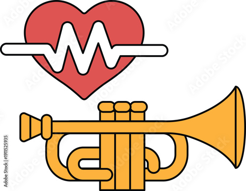 A heart and a trumpet are shown in a black and white drawing