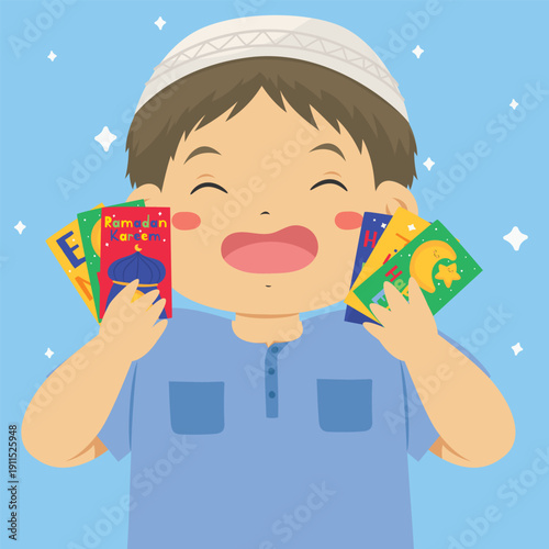 Happy Muslim boy holding colorful Eid money envelopes during Eid al-Fitr celebration. Cute children cartoon character vector illustration isolated.