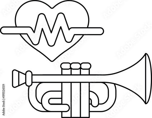 A heart and a trumpet are shown in a black and white drawing
