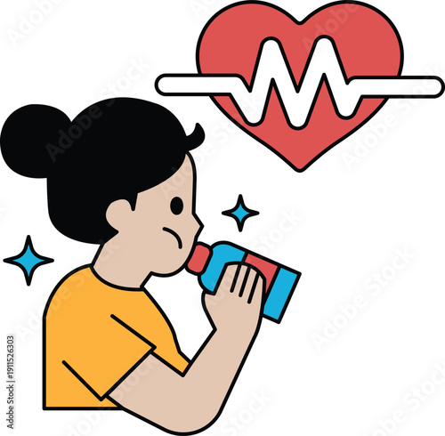A girl is drinking from a bottle while a heart is shown in the background