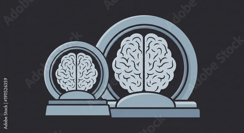 Two stylized brain illustrations in circular frames on stands against a dark background representing cognitive development or comparison