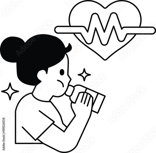 A girl is drinking from a bottle while a heart is shown in the background