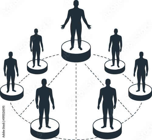 Silhouettes of people connected on circular platforms with dashed lines