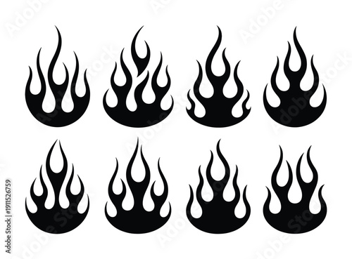 Collection of Eight Black Flame on White Background