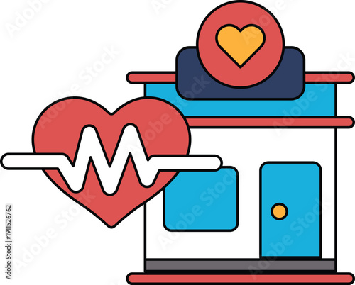 A building with a heart on it and a heart monitor on the ground