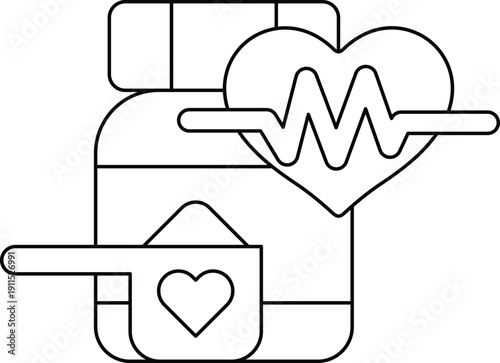 A pill bottle with a spoon and a heart on it