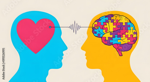 Wallpaper Mural Conceptual image showing a connection between a heart and a brain made of colorful puzzle pieces, representing emotion and cognition. Torontodigital.ca