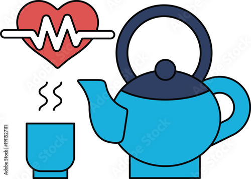 A black and white drawing of a tea kettle with steam coming out of it