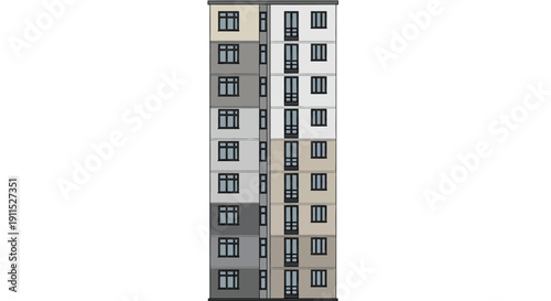 This flat vector illustration represents a residential apartment building, symbolizing urban living, real estate, and housing infrastructure. It reflects modern city lifestyle, property development, a