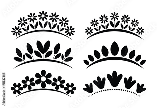 Collection of six black and white decorative tiara with floral and leaf motifs