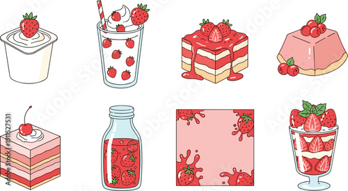 Strawberry dessert collection isolated. Sweet bakery and drink set. Flat illustration of cakes, pudding, milkshake and strawberry treats.