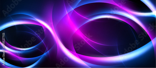 Abstract flowing shapes, vibrant blue, purple hues. Dynamic energy radiates from central point, dark background contrasts bright lines.
