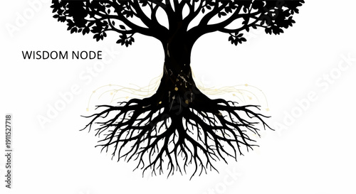 Symbolic tree of life with intricate roots and glowing nodes representing knowledge and growth